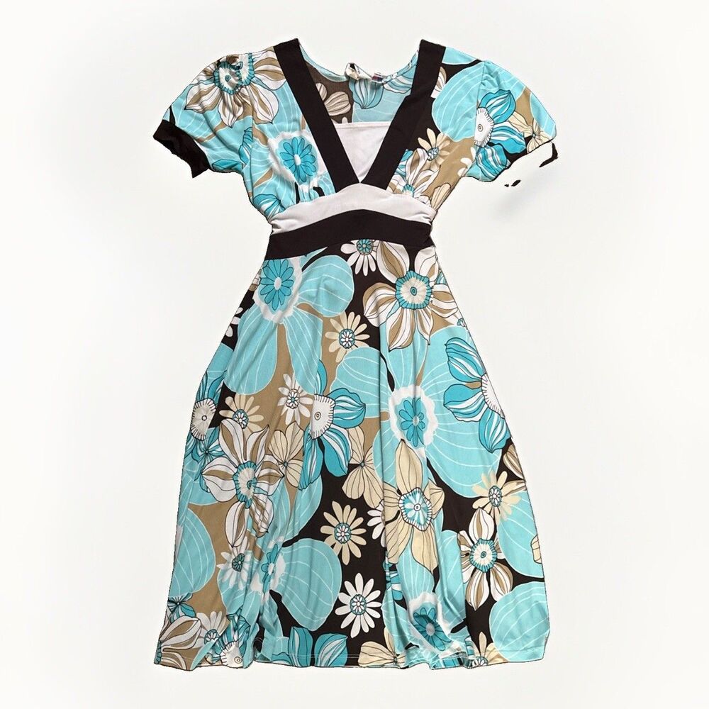Vintage Y2K Jody California Floral Contrast Trim Cap Sleeve A-Line Dress Sz 5/6